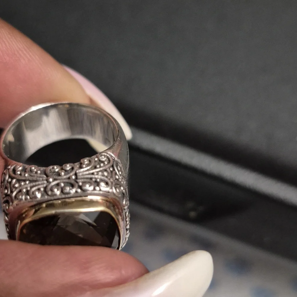 Sterling Silver And 14k Gold Smoked Topez Ring. - Picture 8 of 9